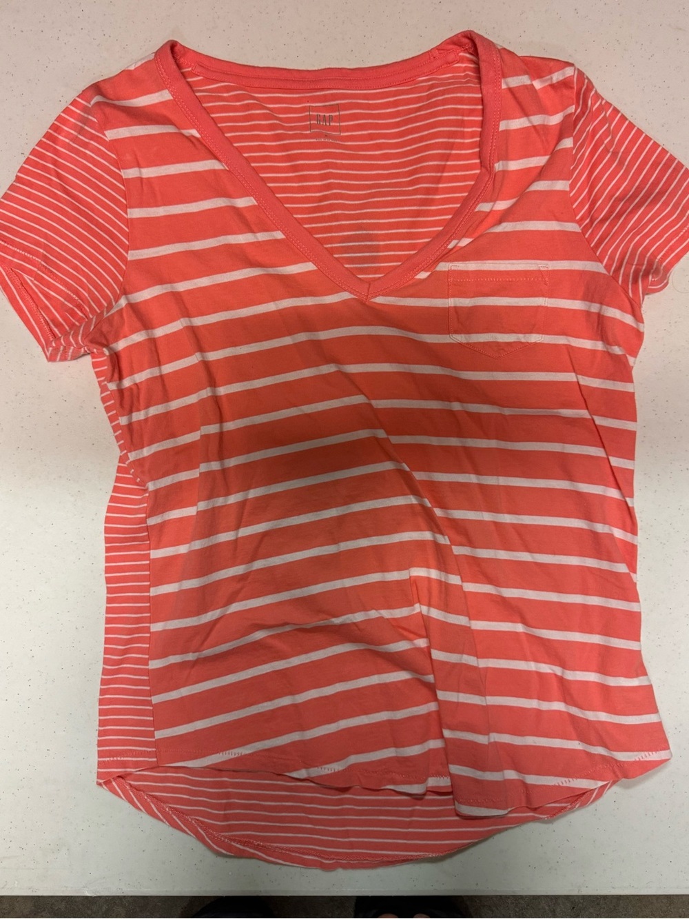 Striped V-Neck Women's V-Neck T shirt  in Coral and White